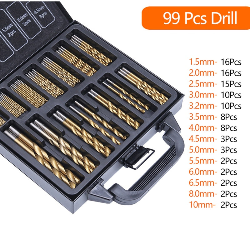 Komplet 99 svedrov za kovino HSS-Titan razvrščenih 1,5-10 mm
