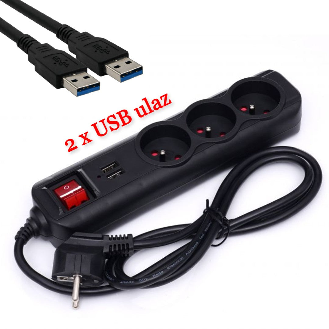 Podaljšek s 3 vtičnicami in 2 USB vhodoma
